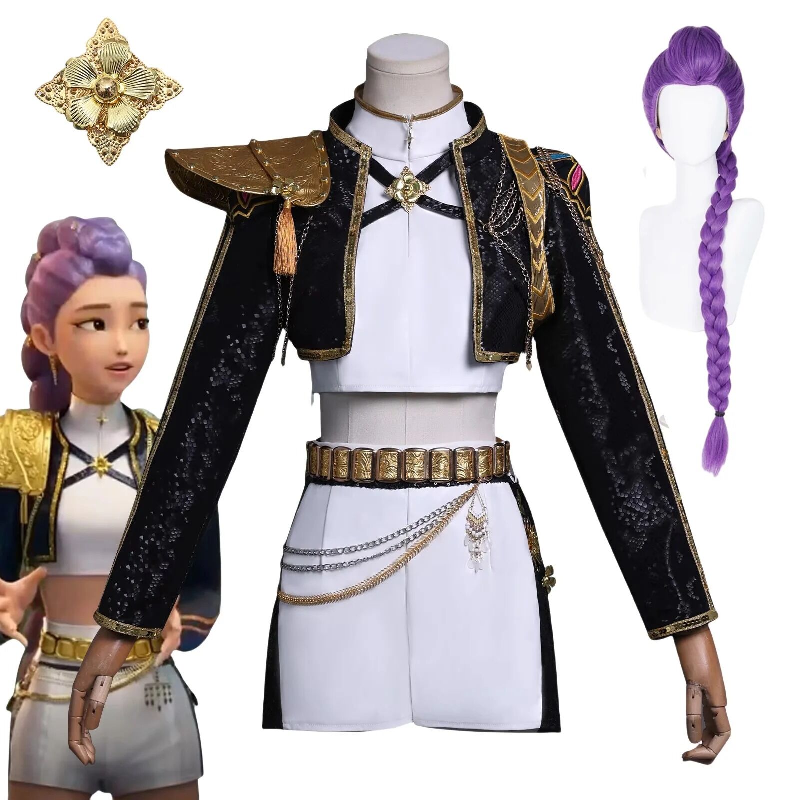Costume et Perruque Rumi KPOP Demon Hunter – Tenue Cosplay Noire et Or avec Accessoires et Perruque Violette